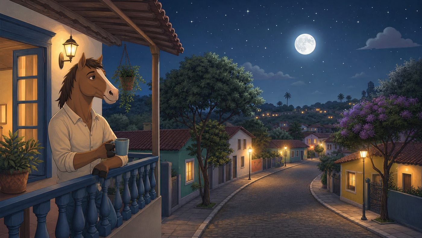 Rua tranquila à noite, quase sem movimento