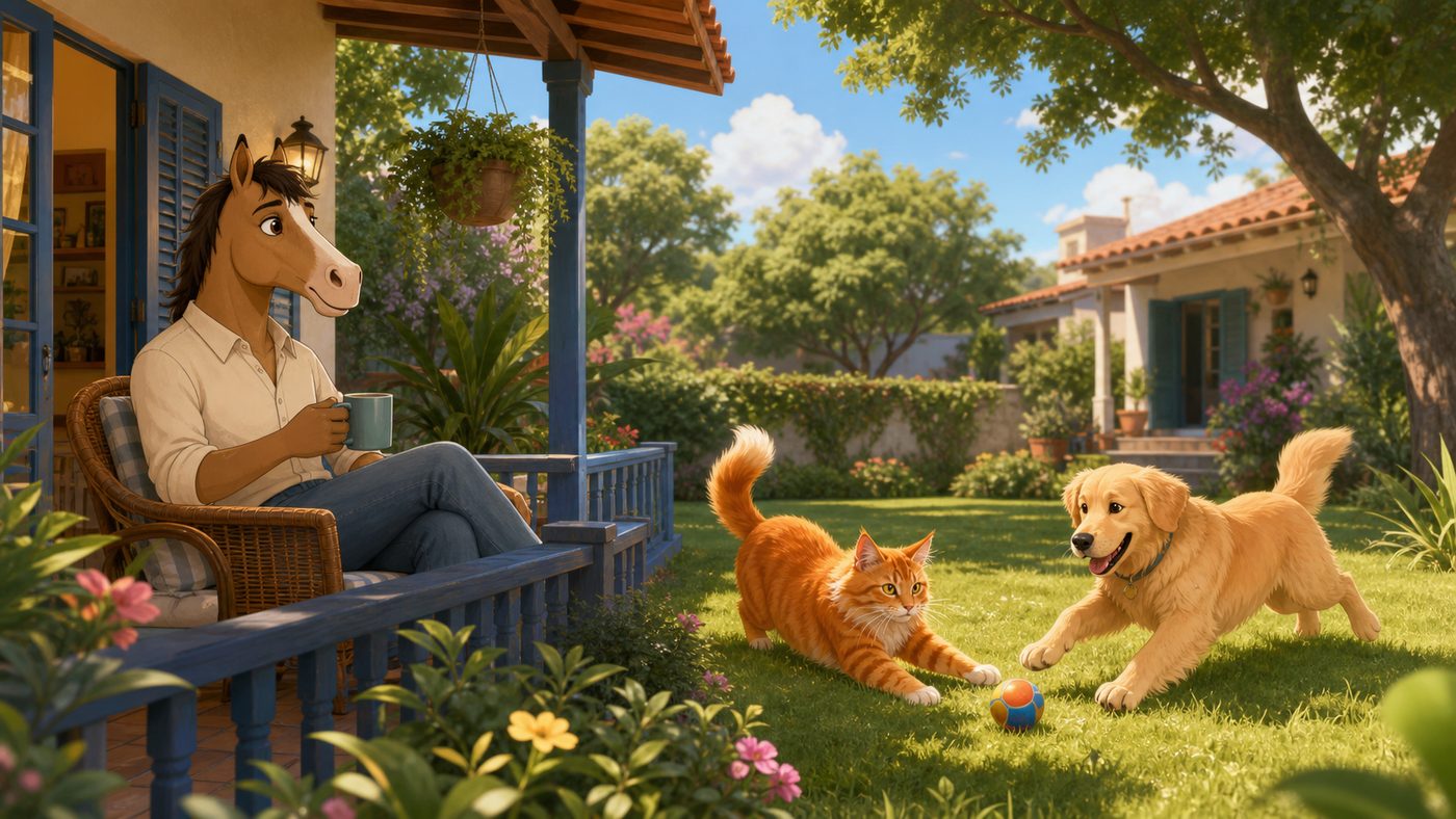 Casa com quintal grande, com gatos e um cachorro